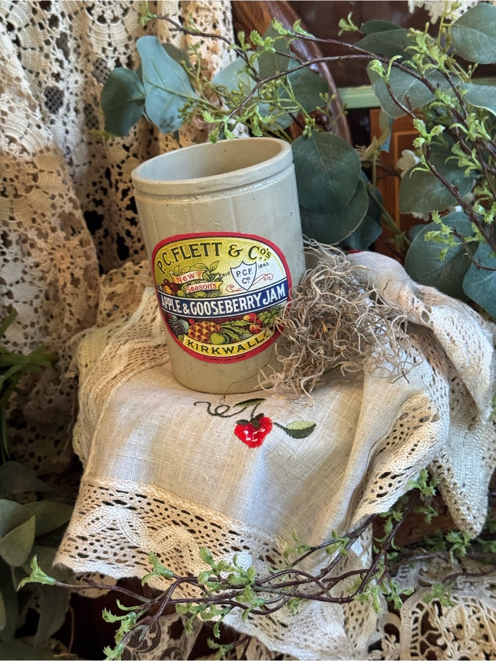 Vintage Beige Stoneware Jar with Multicolor Fruit Label - Picture 2 of 2